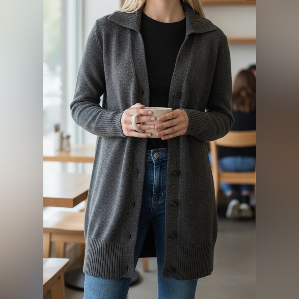 JACOB Longline Button Front Cardigan 100% Cotton Grey Womens S